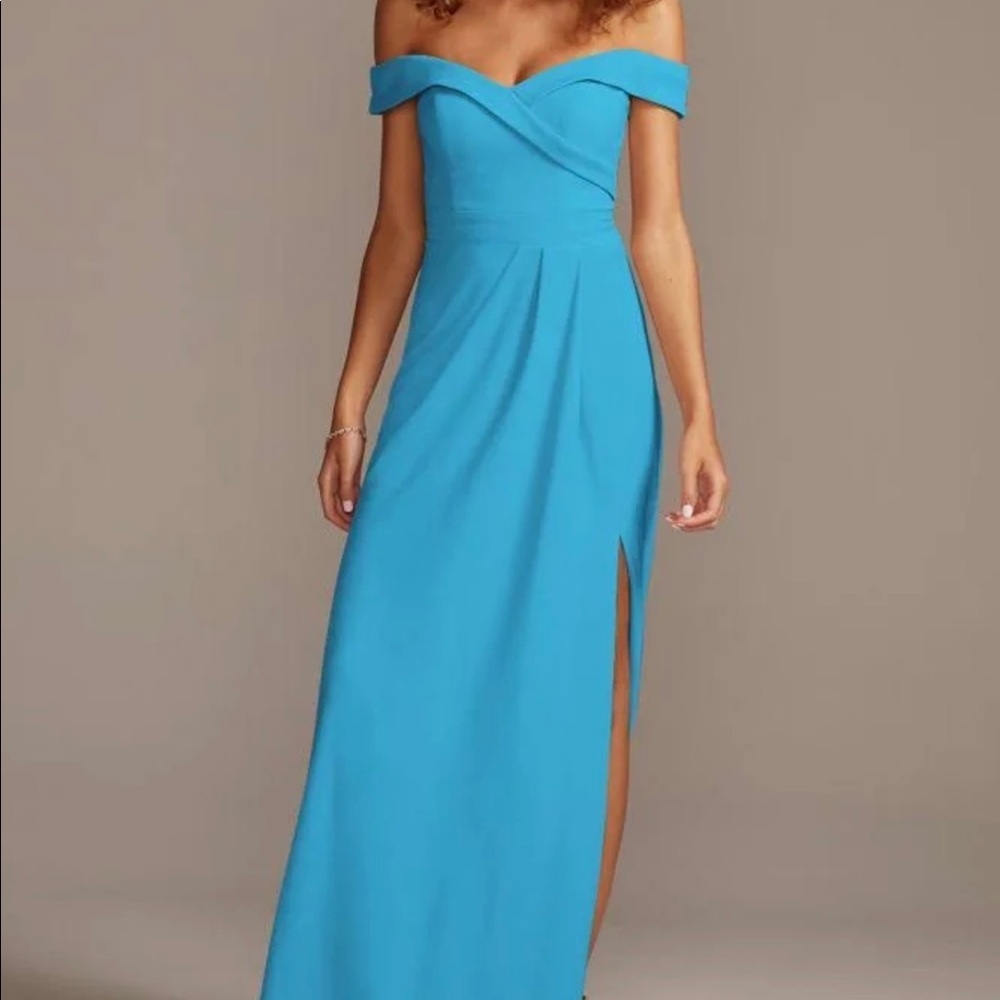 David’s Bridal bridesmaid off the shoulder stretch crepe in color Malibu size 10